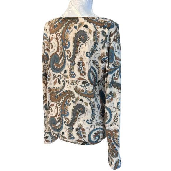 Geneva Cashmere Sweater Large Cream Blue Paisley V Neck Soft Maximalist Luxury - Picture 4 of 15